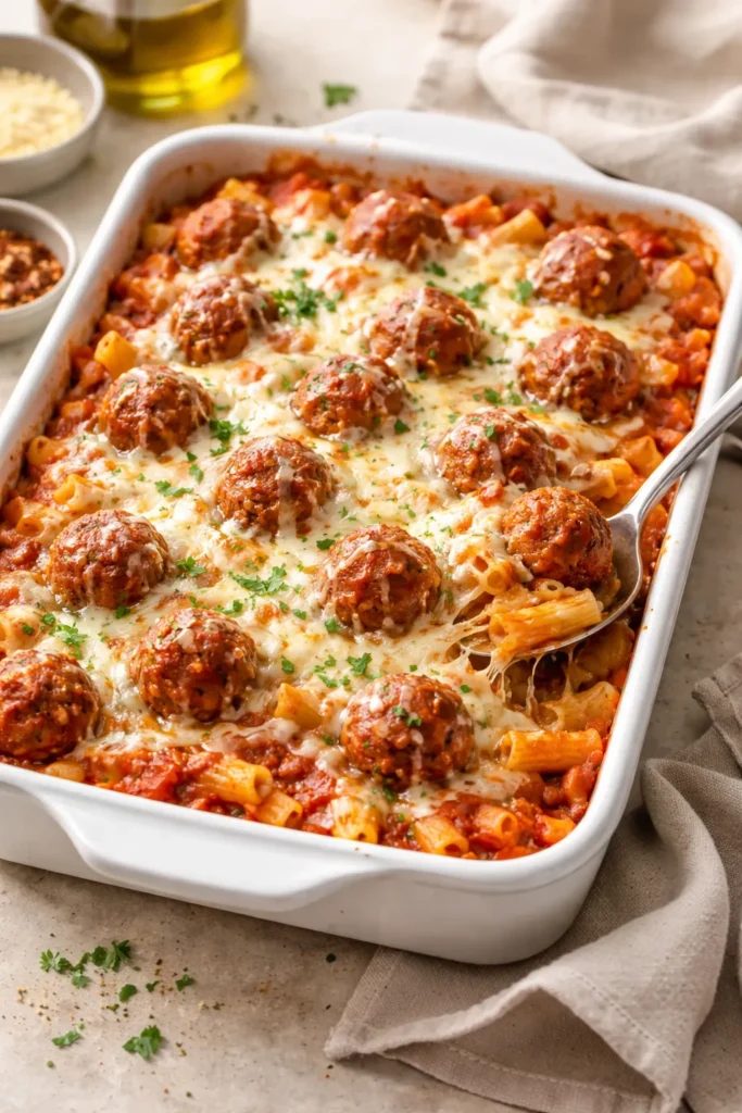12 Dump and Bake Casseroles With No Fuss 6 Cheesy meatball pasta bake with meatballs and melted mozzarella in a baking dish