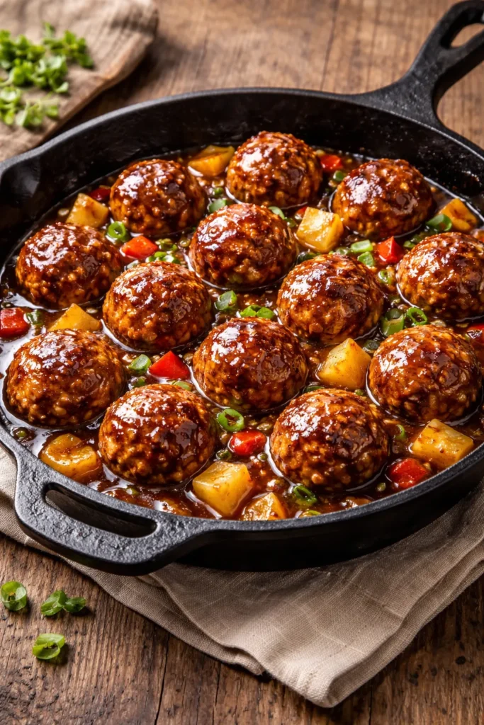 8 Paleo Dinners That Don't Taste Boring 7 Close-up of glossy sweet and sour meatballs browning in a cast iron skillet