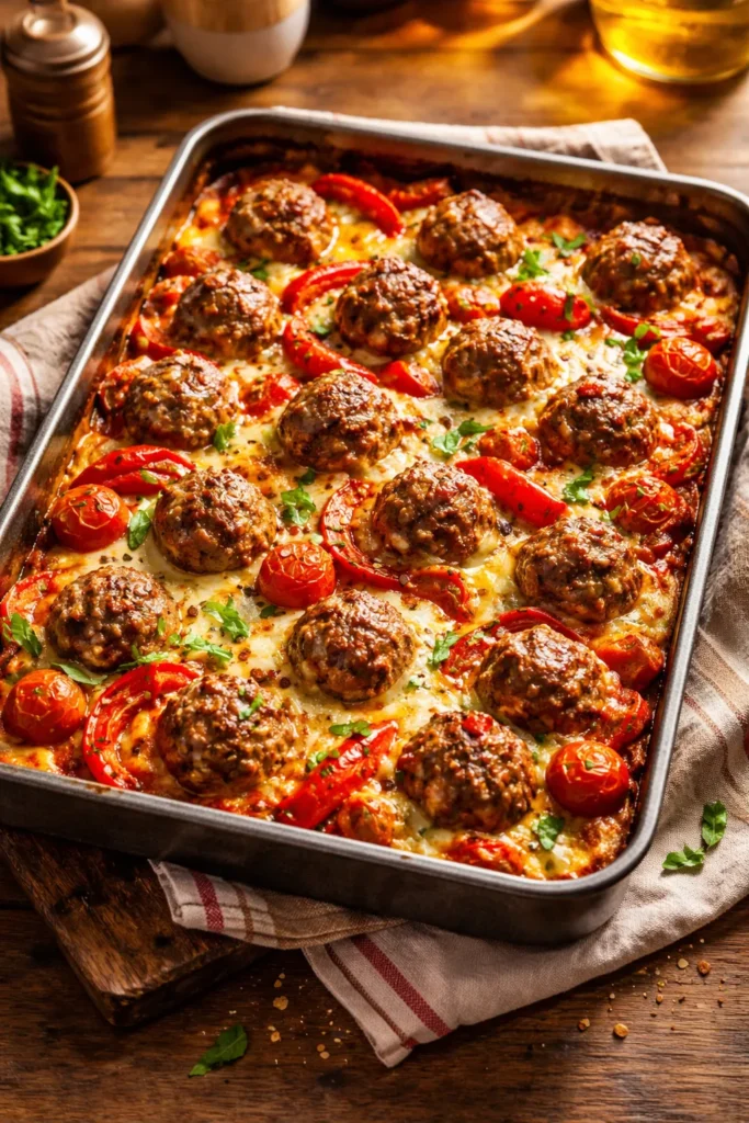 8 Batch Cooking Recipes for Easy Weeknights 4 Meatballs and peppers on a tray with melted mozzarella
