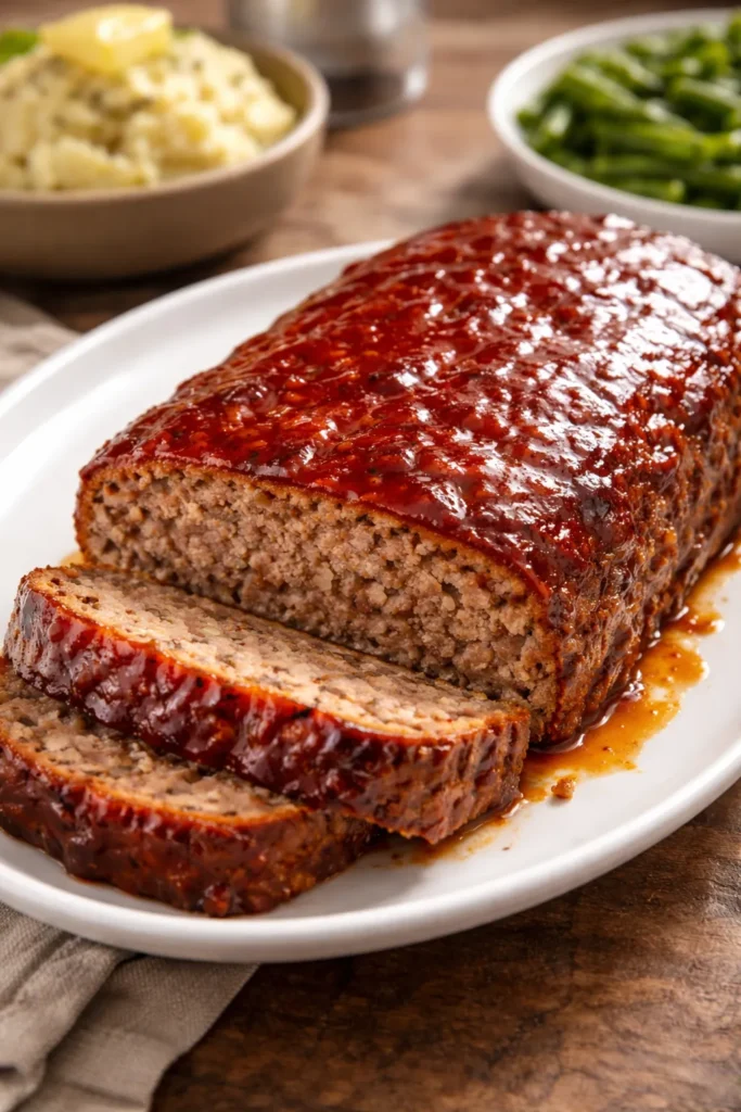 12 Classic American Dinners Everyone Loves 7 Classic American meatloaf on a plate with glossy glaze, moist center visible
