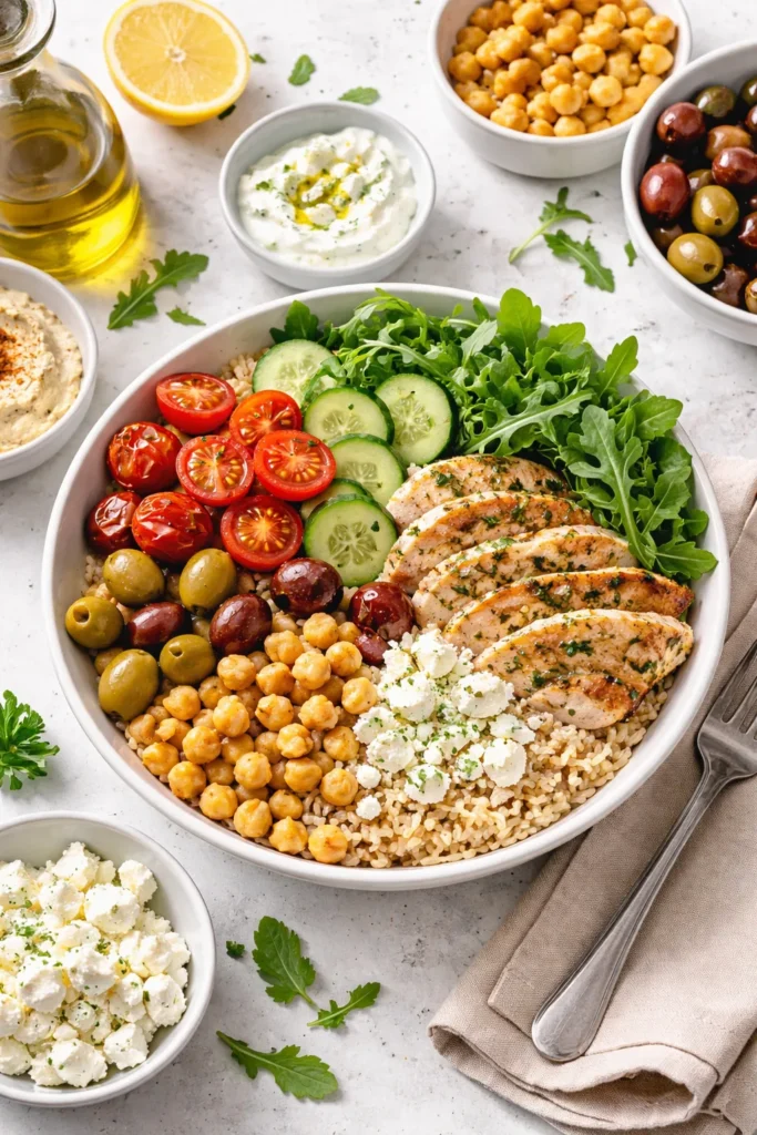 8 Mediterranean Dinner Recipes for Weeknights 11 Colorful Mediterranean bowl with grains, chickpeas and vegetables