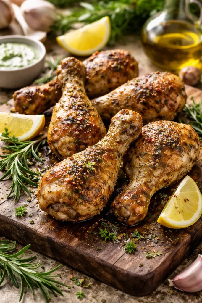 10 Crispy Chicken Drumstick Recipes for Dinner 5 Herbed Mediterranean drumsticks on a rustic surface