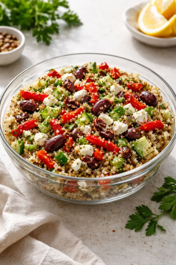 Mediterranean quinoa salad with peppers, olives, cucumber and feta