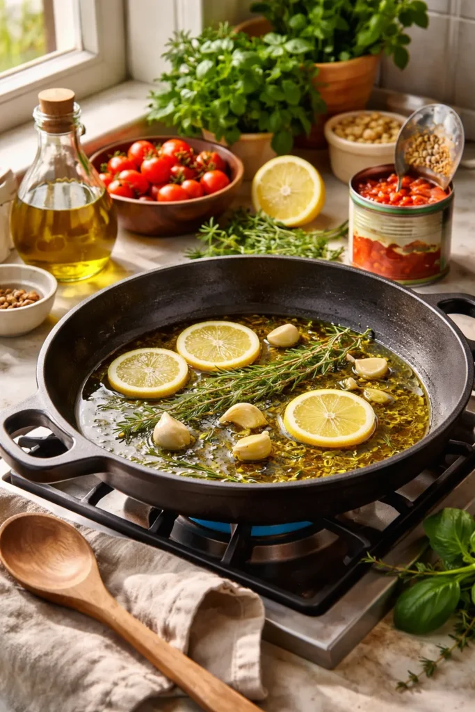 8 Mediterranean Dinner Recipes for Weeknights 1 Close-up of a skillet with olive oil, garlic, lemon and herbs in a sunlit kitchen