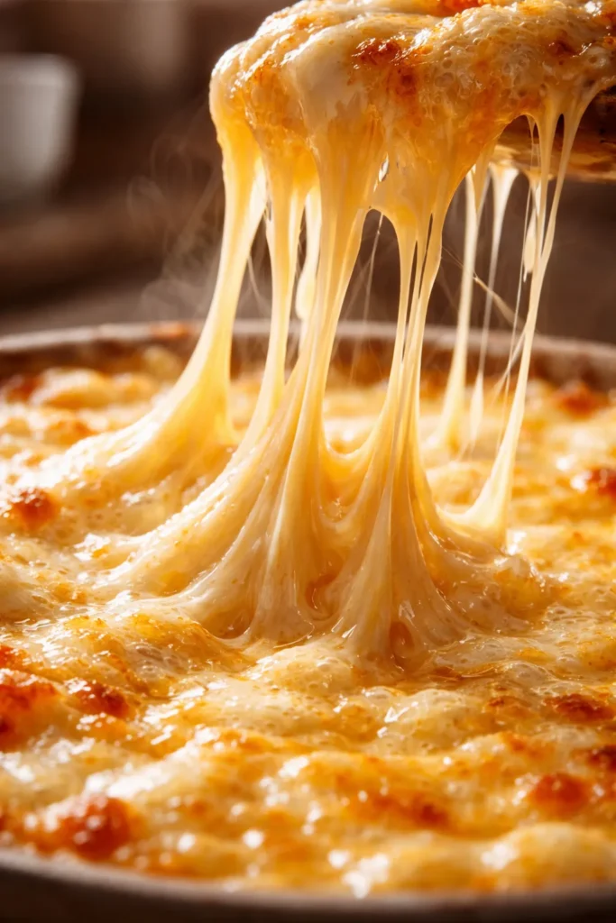 Close-up of glossy melted cheese with stringy pull on a neutral surface