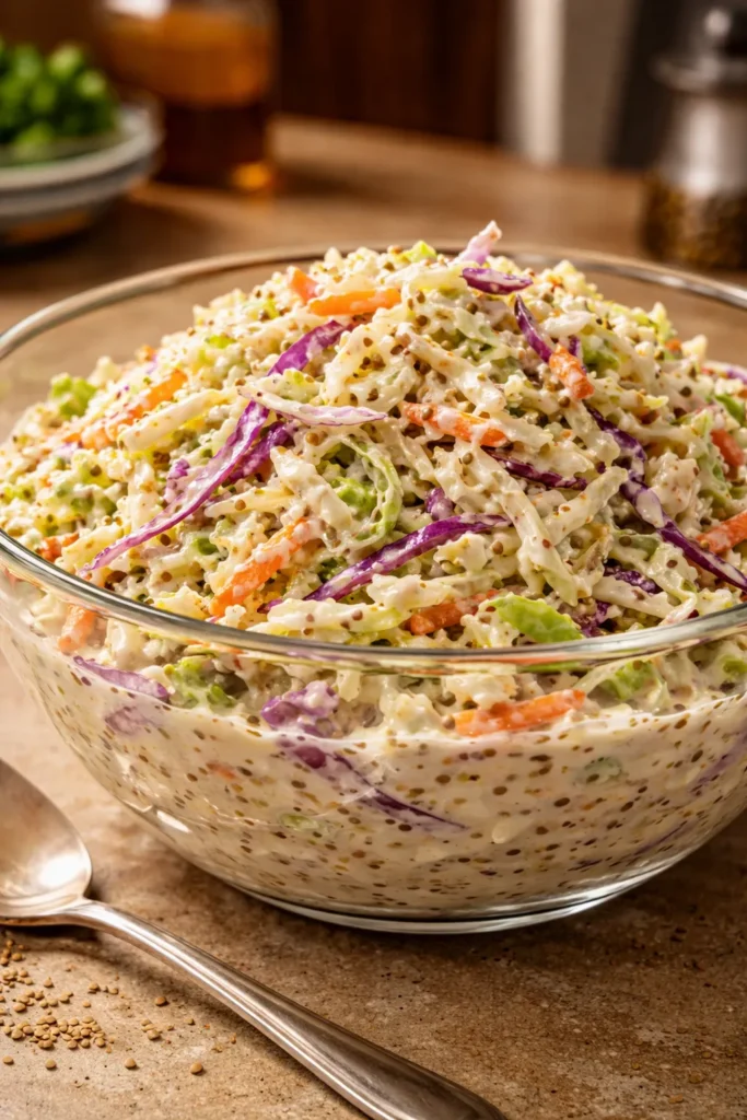 Memphis-style coleslaw with celery seed and mustard in a glass bowl