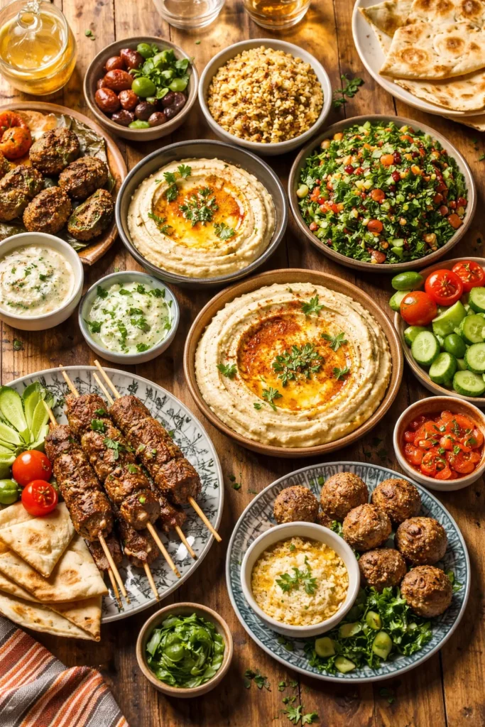10 Middle Eastern Recipes Easy to Make at Home 12 Mezze spread with hummus, tabbouleh and kofta on a table