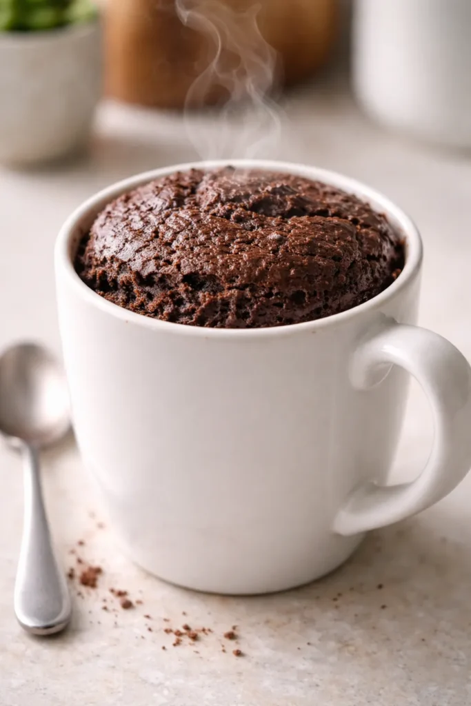 15 Fool Proof Dessert Recipes for Bad Bakers 11 Cup with a rising chocolate mug cake, on a plain surface