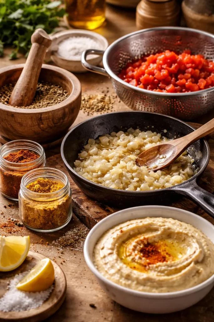 10 Middle Eastern Recipes Easy to Make at Home 13 Close-up still life showing common Middle Eastern cooking mistakes: stale spices, under-seasoned hummus, under-caramelized onions, drained tomatoes