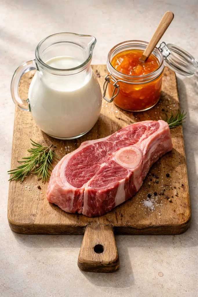 Milk, apricot jam, and lamb chop arranged in a still life