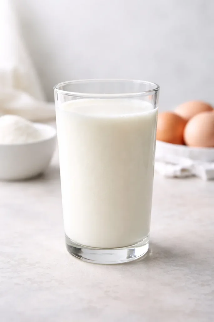 Glass of milk on plain background, illustrating milk as a water substitute in baking.