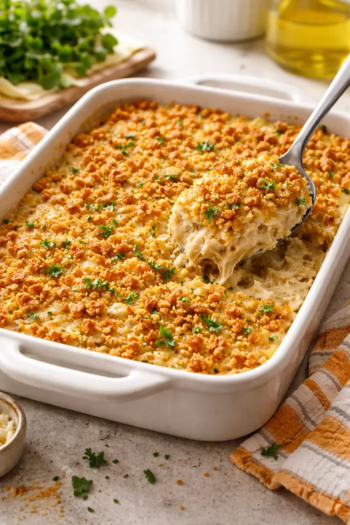 10 Chicken Casseroles the Whole Family Loves 1 Creamy Million Dollar Chicken Casserole in a baking dish with a golden cracker topping