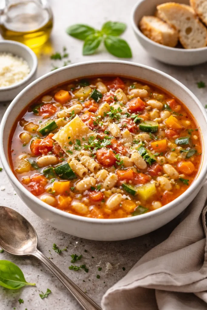 10 Homemade Soup Recipes for Any Season 9 Hearty minestrone soup with beans, pasta, and vegetables in a bowl