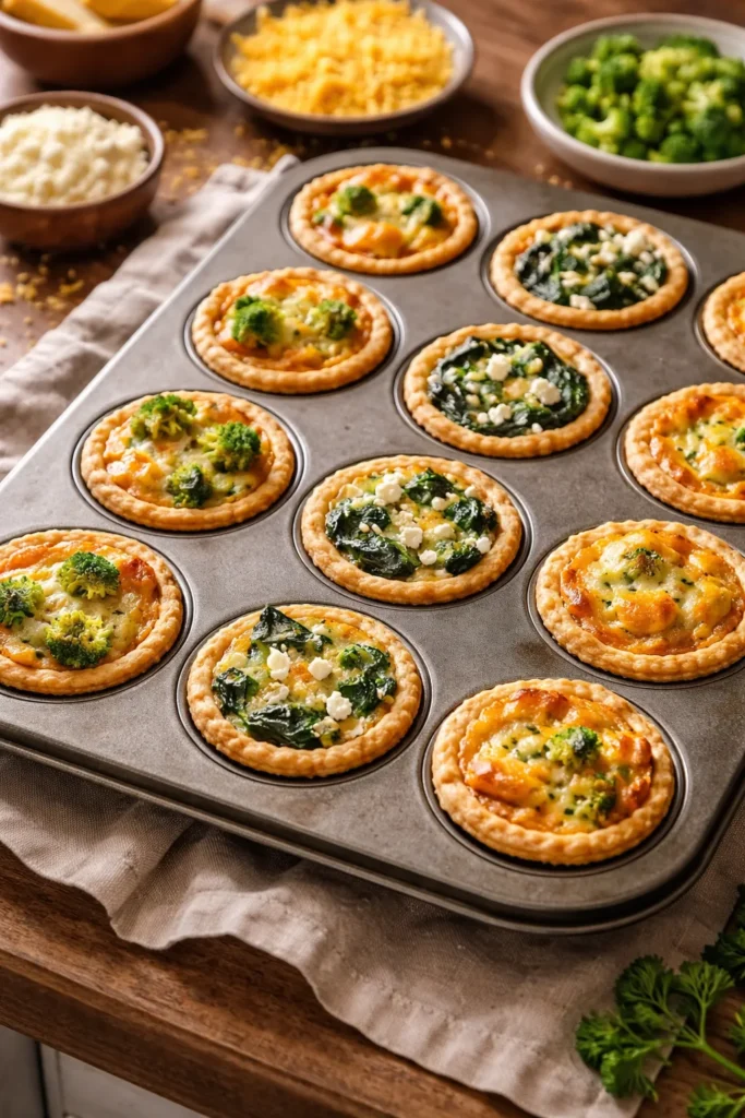 Assorted mini quiches on a baking sheet