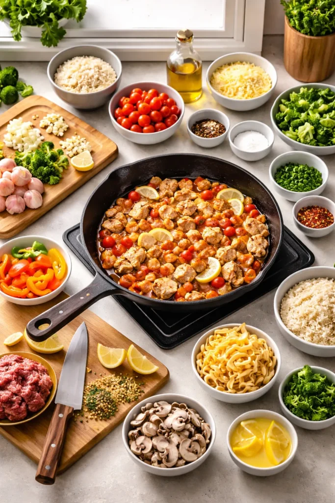 8 Skillet Dinners Ready in 20 Minutes 10 Organized mise en place and hot skillet on counter