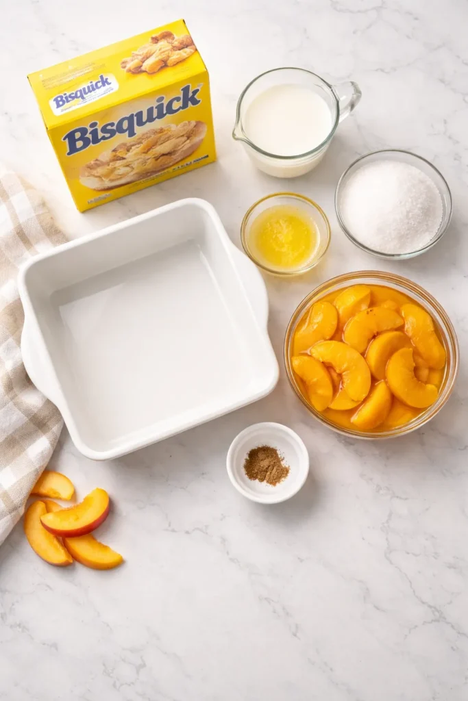 5-Minute Bisquick Cobbler With Canned Peaches 5 Mise en place setup with ingredients arranged near baking dish
