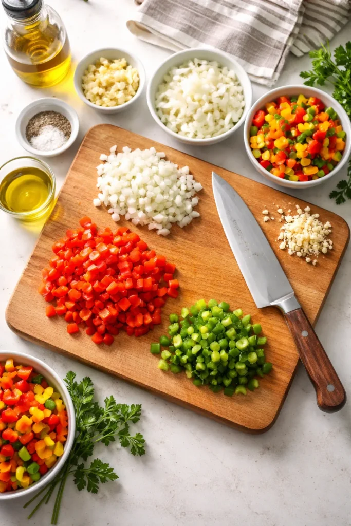 8 Stovetop Dinners When You're Short on Time 11 Mise en place with pre-chopped aromatics on a cutting board