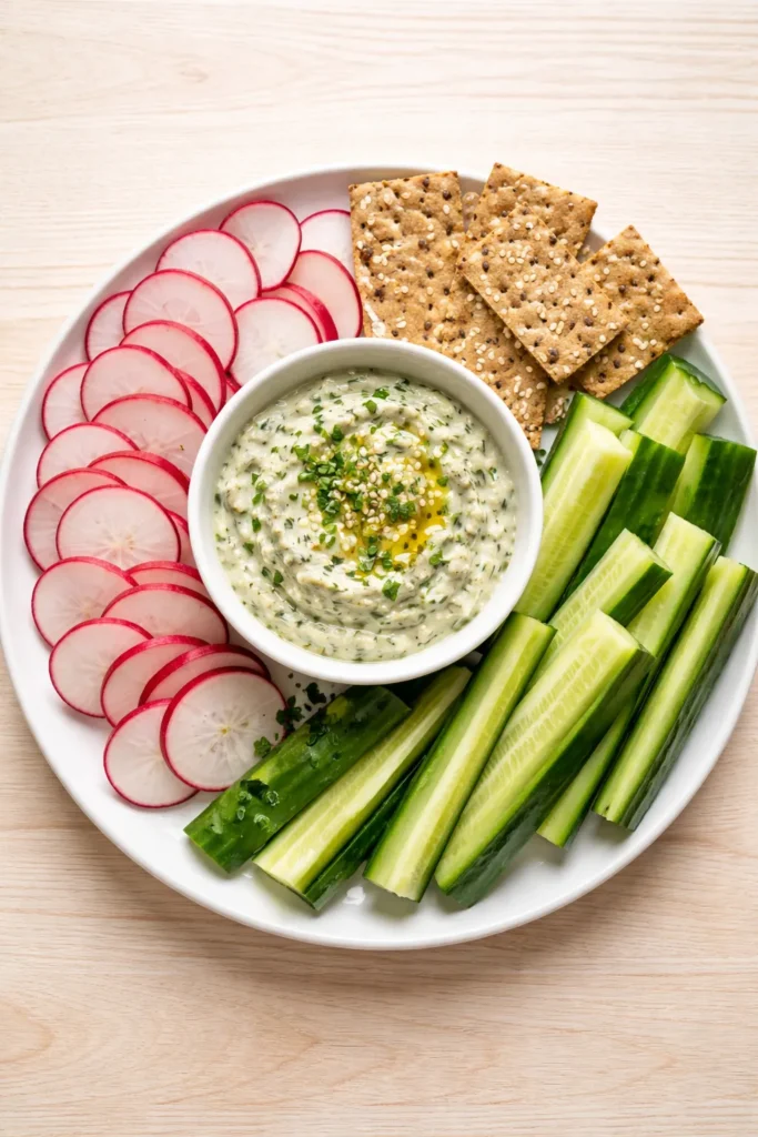 Plate with miso-herb dip and assorted crunchy bites