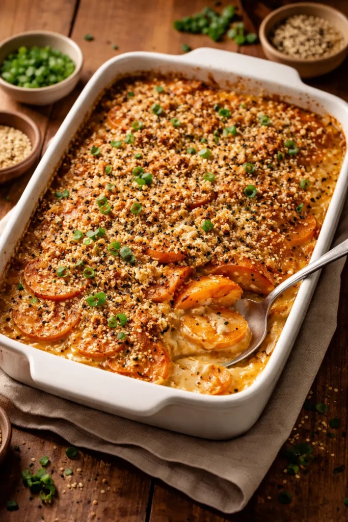 Golden-brown miso-scented sweet potato gratin with sesame-panko crust