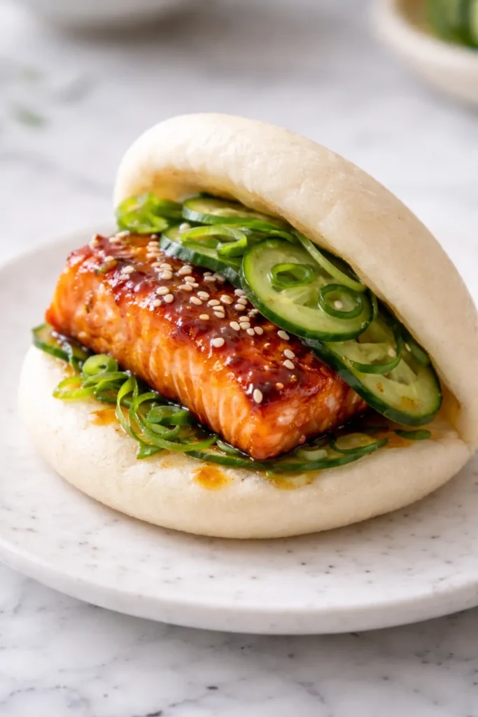 8 Bao Bun Recipes Steamed and Stuffed 7 Close-up of a bao with miso-glazed salmon and cucumber pickle filling