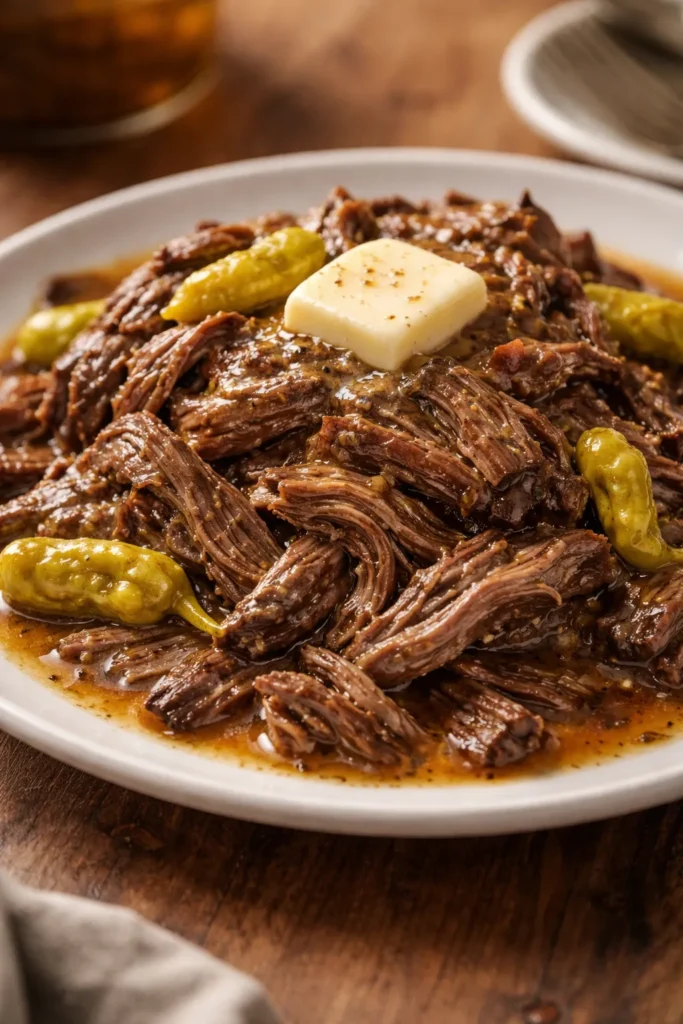 10 Slow Cooker Beef Recipes Fork-Tender 6 Mississippi pot roast shredded beef with pepperoncini on plate