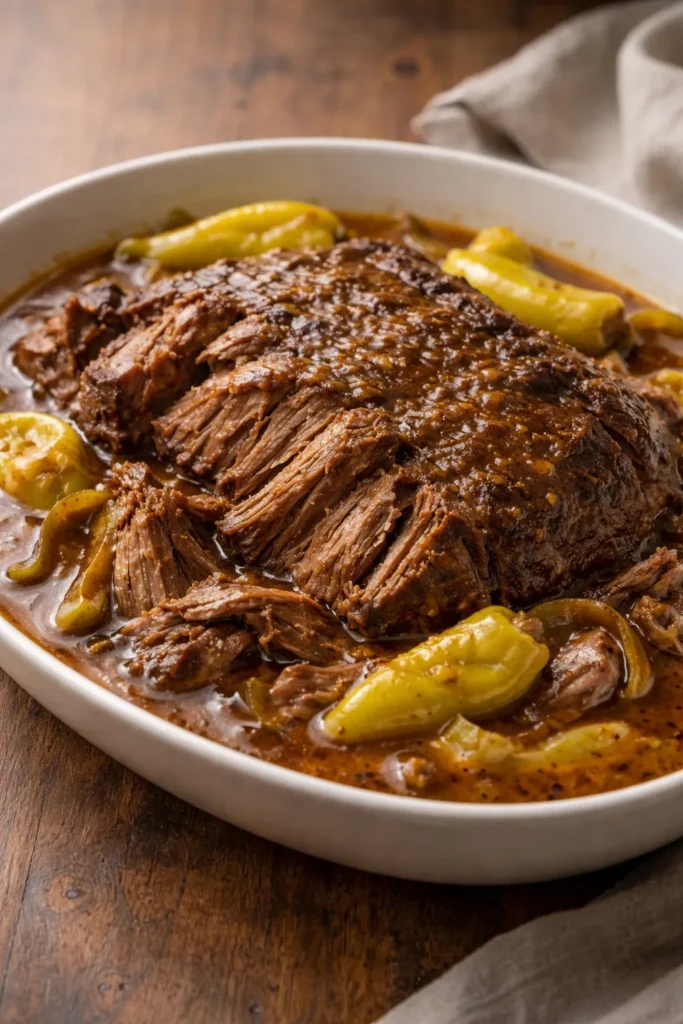 Tender chuck roast in glossy gravy with pepperoncini peppers on a simple plate