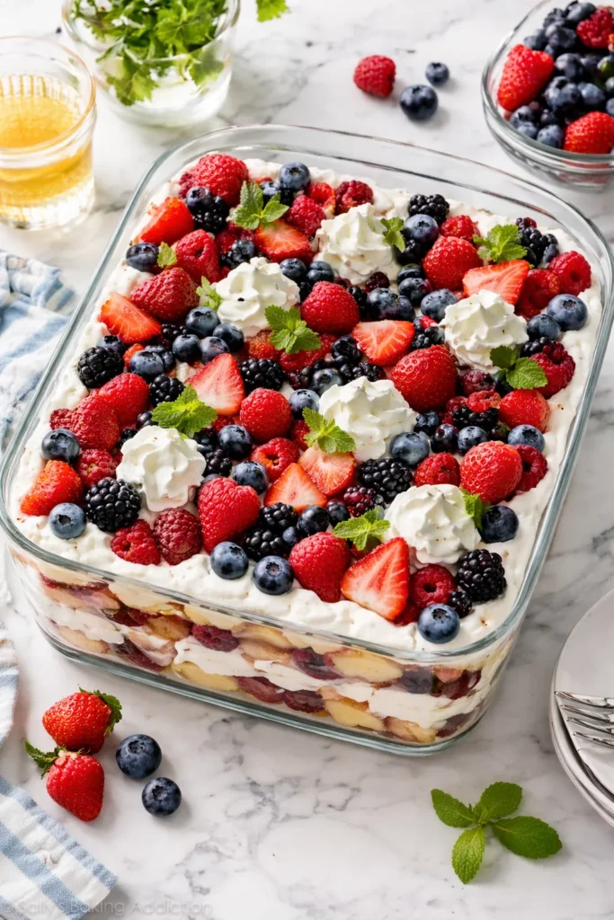 5 Easy No Bake Cakes Perfect for Summer 6 Mixed berry trifle cake with fresh berries and whipped cream