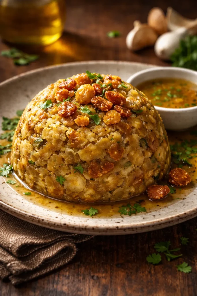 Mofongo dome of garlic-mashed plantains with chicharrón