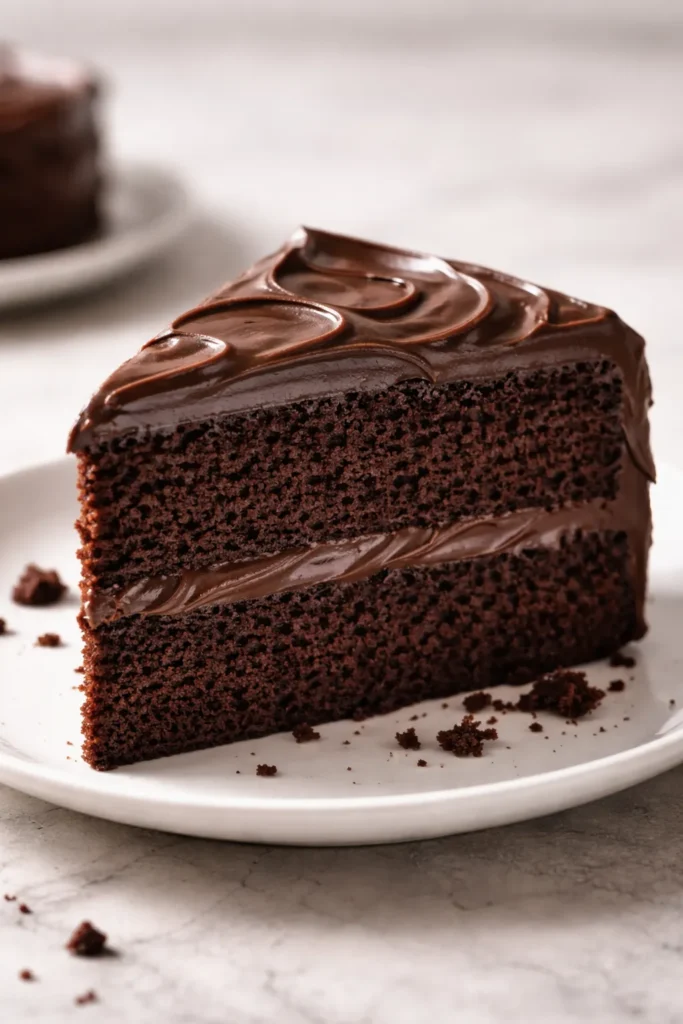 The Only Chocolate Cake Recipe You Need 1 Close-up of a moist chocolate cake slice with fine tender crumb on a plain plate