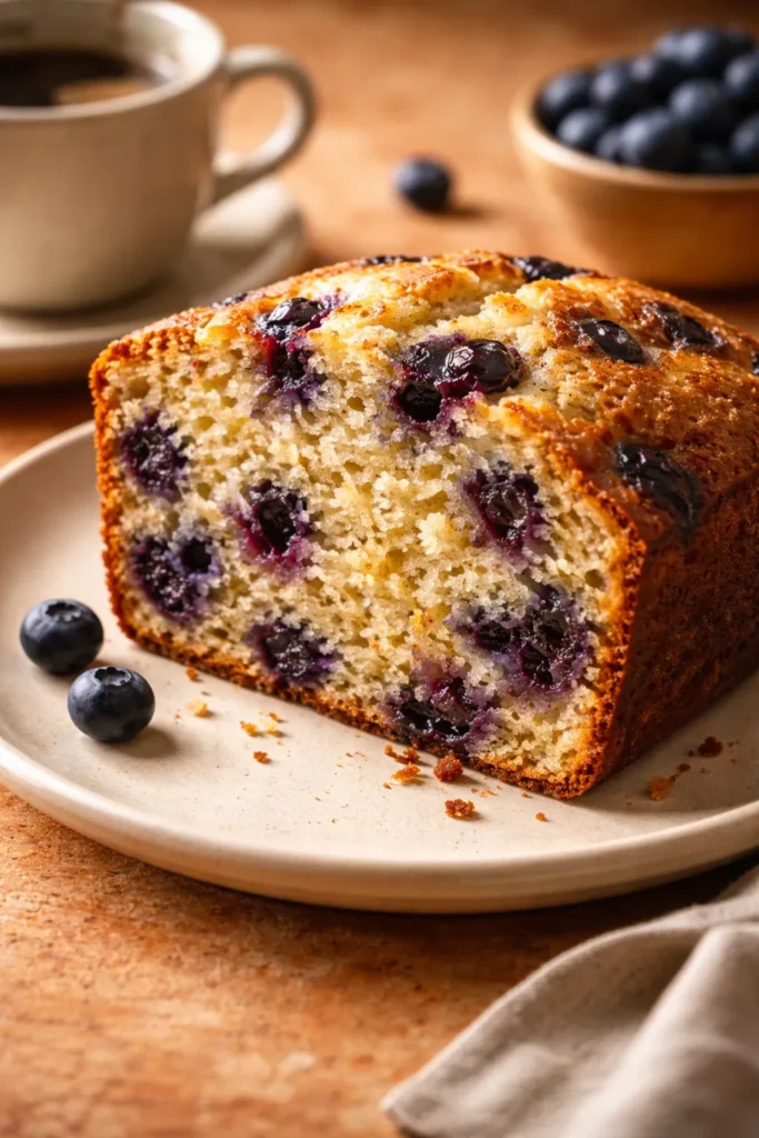 Moist Blueberry Muffin Bread for Coffee Time 3 Slice of moist blueberry muffin bread with visible berry pockets