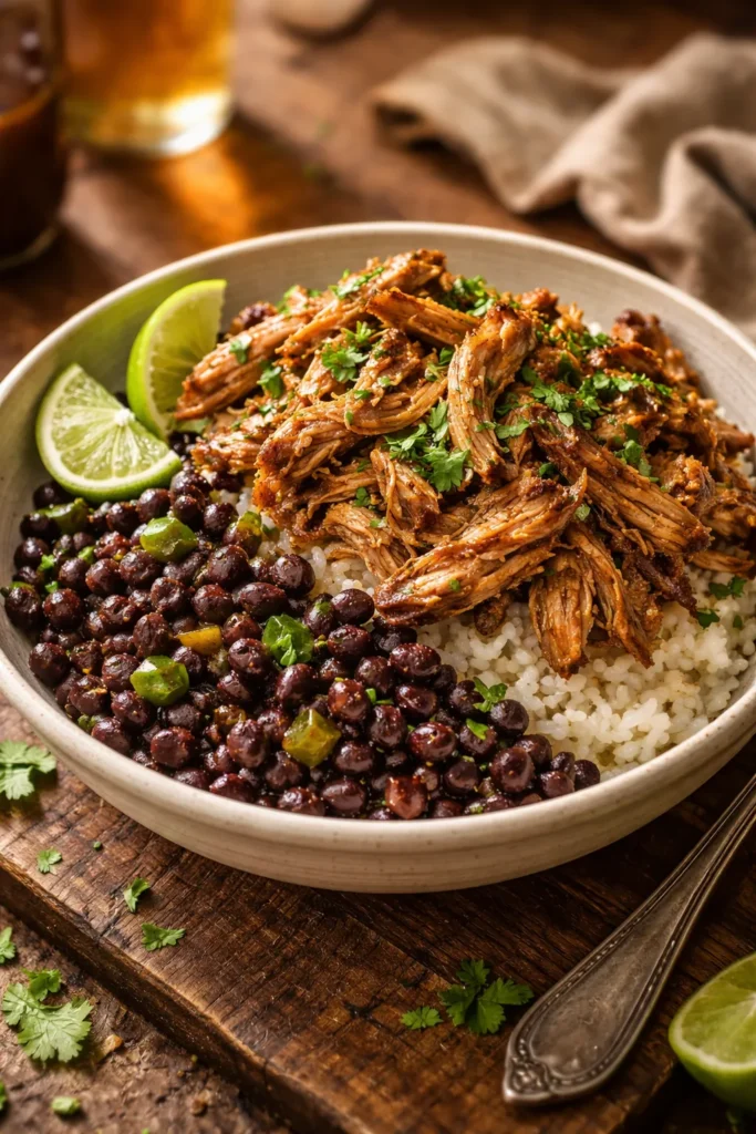 8 Mojo Pork and Cuban Rice Recipes to Try 1 Mojo pork with Cuban black beans in a bowl, citrusy slow-cooked flavor