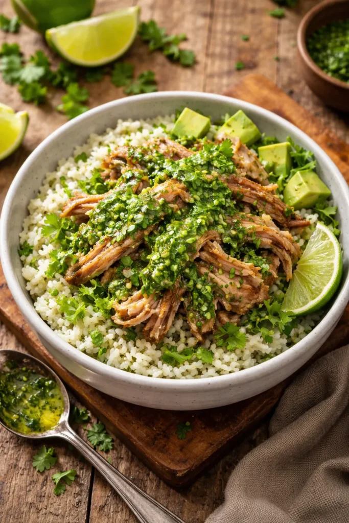 8 Mojo Pork and Cuban Rice Recipes to Try 7 Shredded mojo pork bowl with bright green herb mojo drizzle over cilantro-lime rice