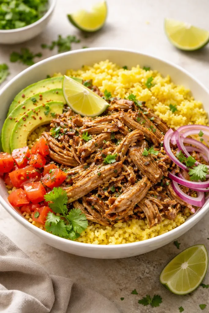 8 Mojo Pork and Cuban Rice Recipes to Try 3 Mojo pulled pork over yellow cauliflower rice in a bowl