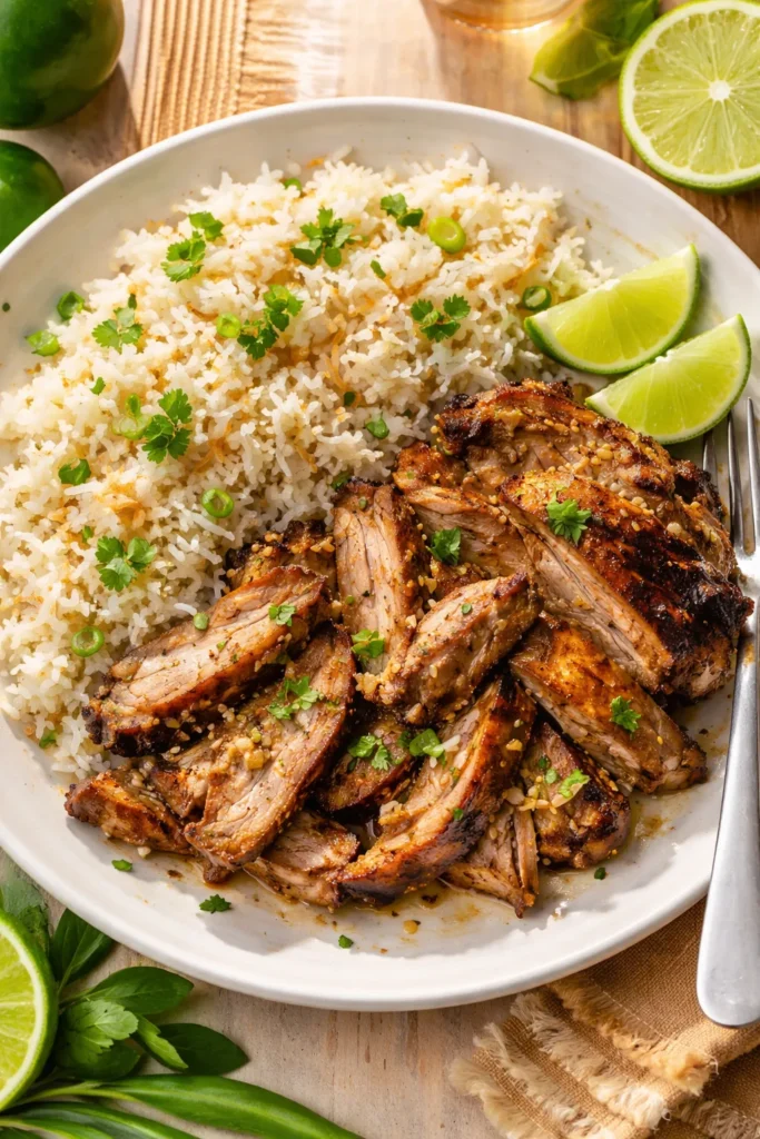 8 Mojo Pork and Cuban Rice Recipes to Try 4 Mojo pork with coconut rice on a plate