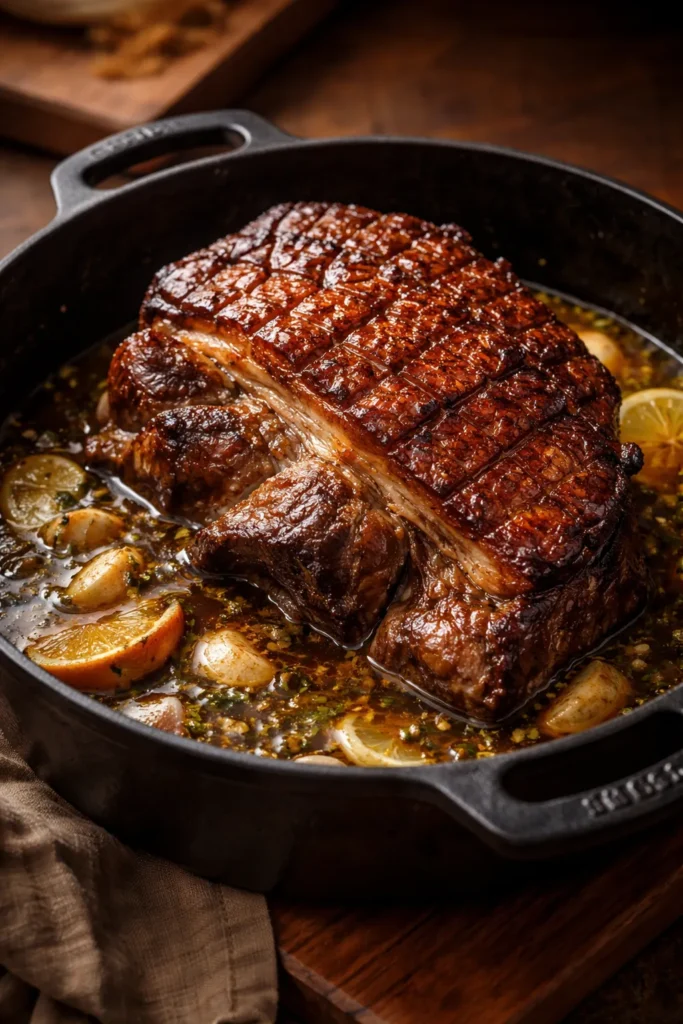 8 Mojo Pork and Cuban Rice Recipes to Try 2 Pork roast with crispy fat cap in a braising dish