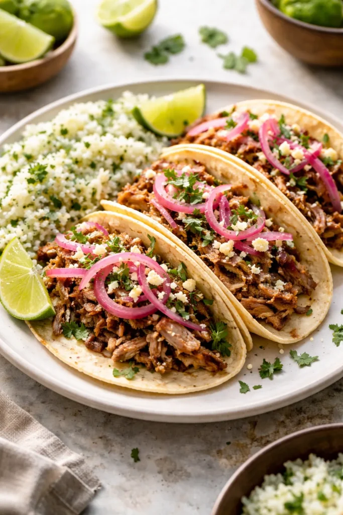 8 Mojo Pork and Cuban Rice Recipes to Try 8 Tacos filled with mojo pork and cilantro-lime rice with toppings