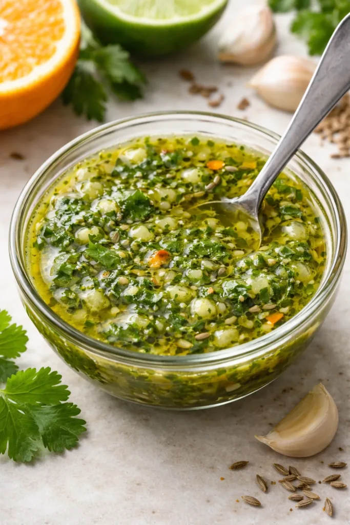 8 Mojo Pork and Cuban Rice Recipes to Try 9 Bright green mojo sauce with herb flecks in a glass bowl