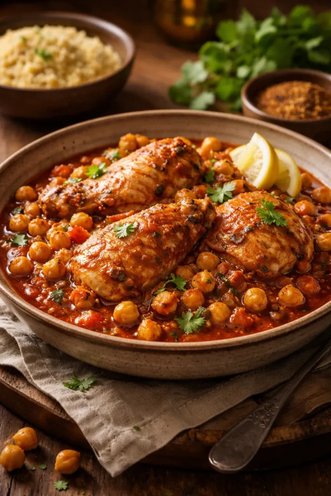 Moroccan chicken with chickpeas in tomato-spiced sauce