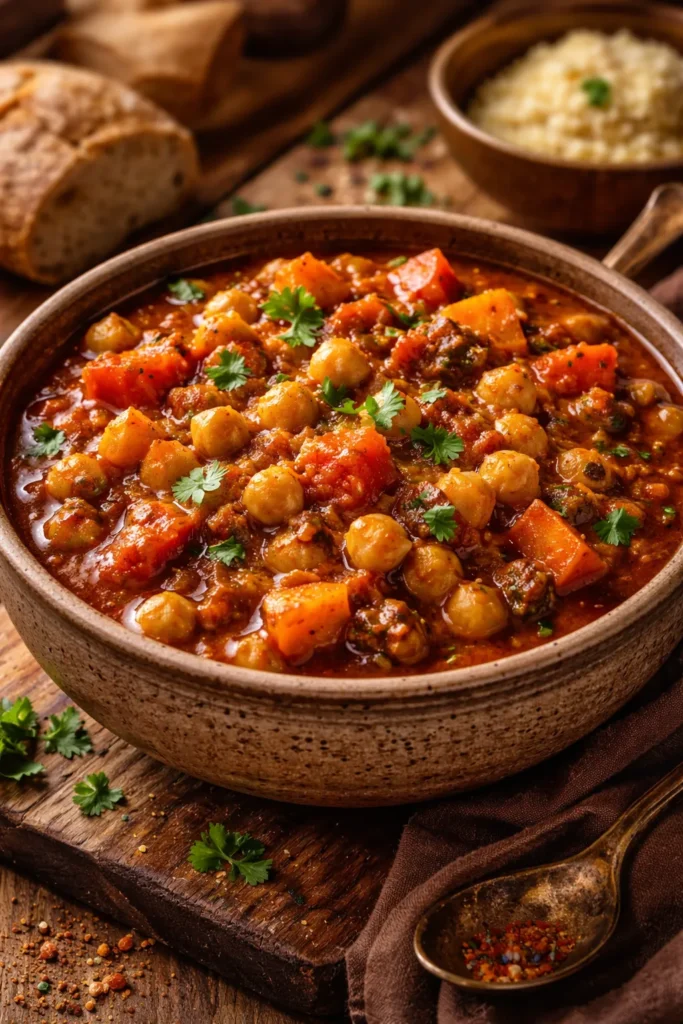 8 Batch Cooking Recipes for Easy Weeknights 7 Rustic bowl of Moroccan chickpea and vegetable stew with chickpeas and carrots in a spiced tomato sauce