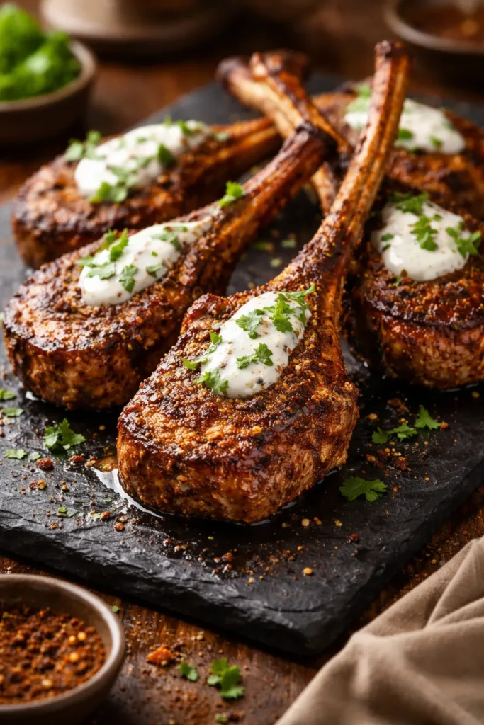 8 Lamb Chop Recipes for a Special Dinner 7 Close-up of Moroccan spiced lamb chops with yogurt glaze on a slate board