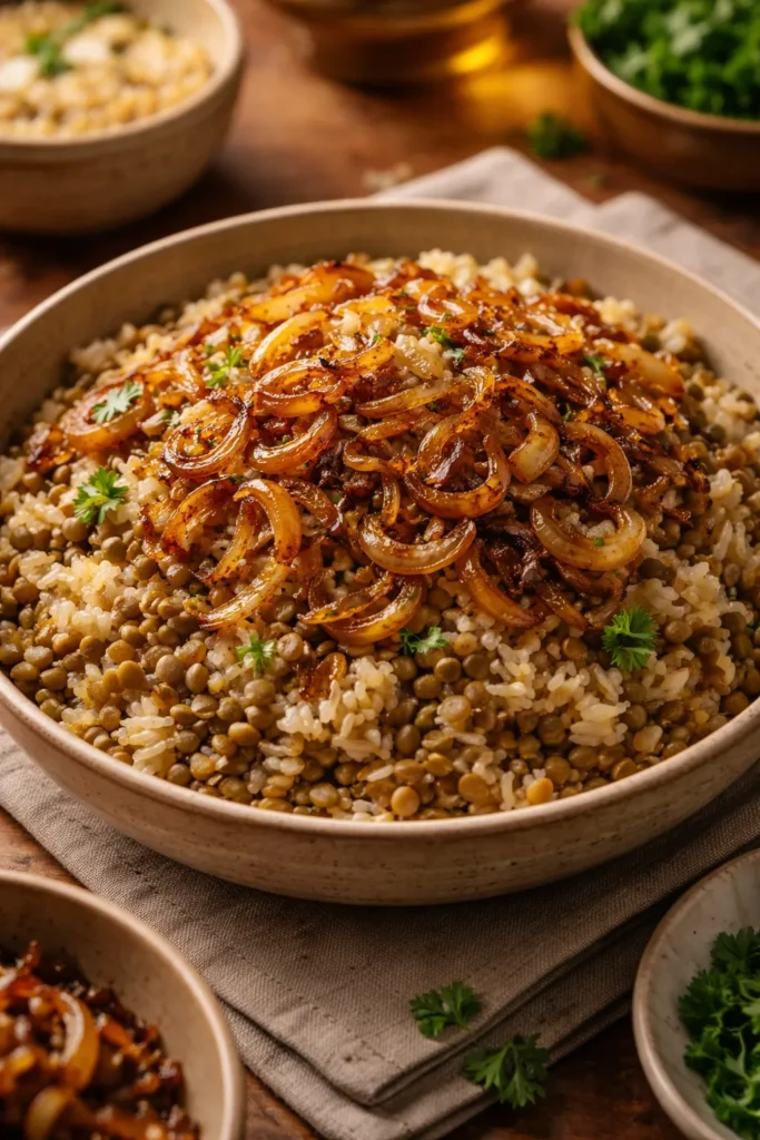10 Middle Eastern Recipes Easy to Make at Home 8 Mujadara in a rustic bowl with caramelized onions on top