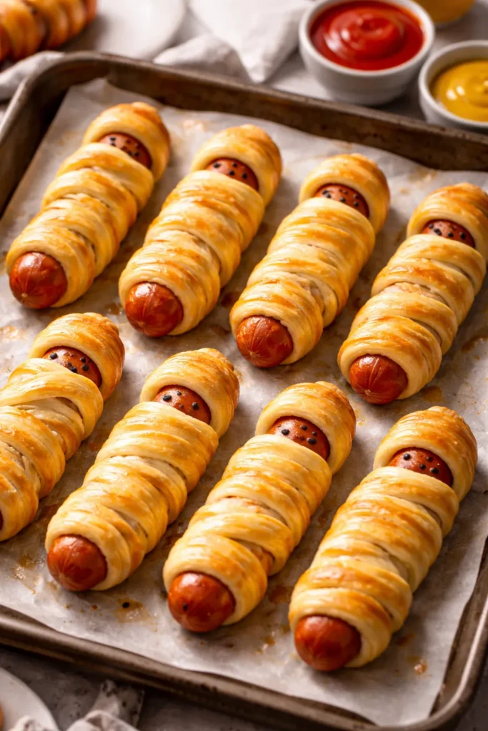 8 Halloween Dinner Ideas Your Kids Will Love 1 Crescent Roll Mummy Hot Dogs arranged on parchment-lined baking sheet