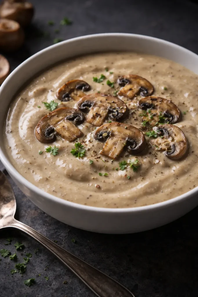 Rich mushroom bisque in a bowl with a glossy surface