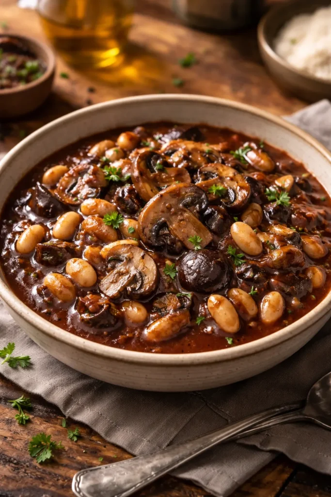 Close-up of mushroom and white bean bourguignon in a rustic bowl