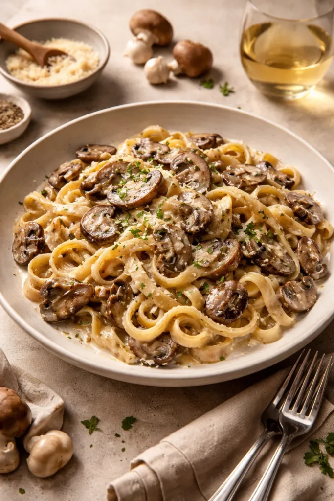 12 Easy Weekend Dinners for a Chill Night 11 Pasta with creamy mushroom sauce and assorted mushrooms