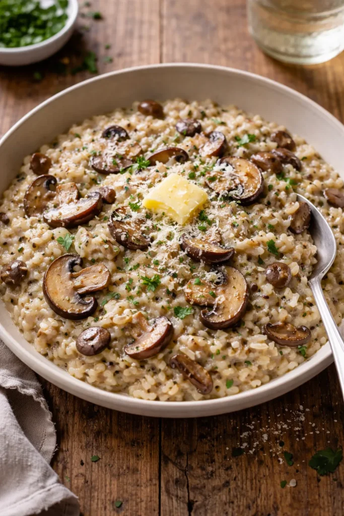 Creamy mushroom risotto in a shallow bowl