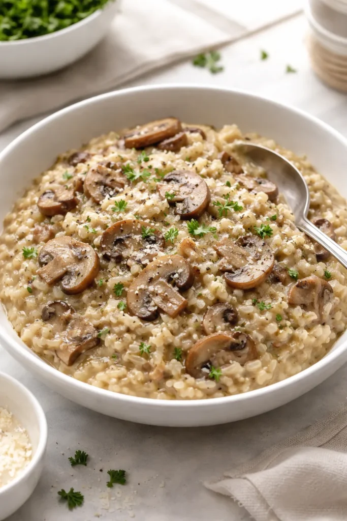 10 Pressure Cooker Recipes for Beginners 8 Creamy mushroom risotto in a white bowl with mushrooms