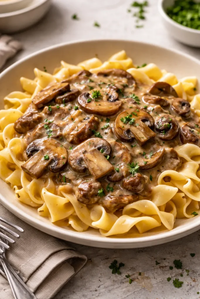 8 Batch Cooking Recipes for Easy Weeknights 6 Creamy mushroom stroganoff over pasta in a bowl