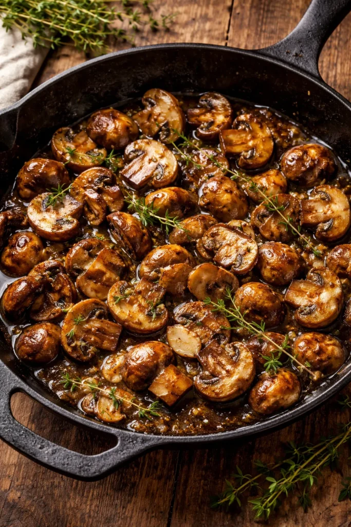 10 Veggie Sides That Outshine the Main Dish 9 Golden sautéed mushrooms with thyme and garlic in a pan