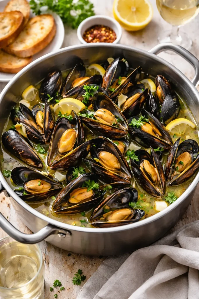 Open mussels in white wine garlic broth in a pot